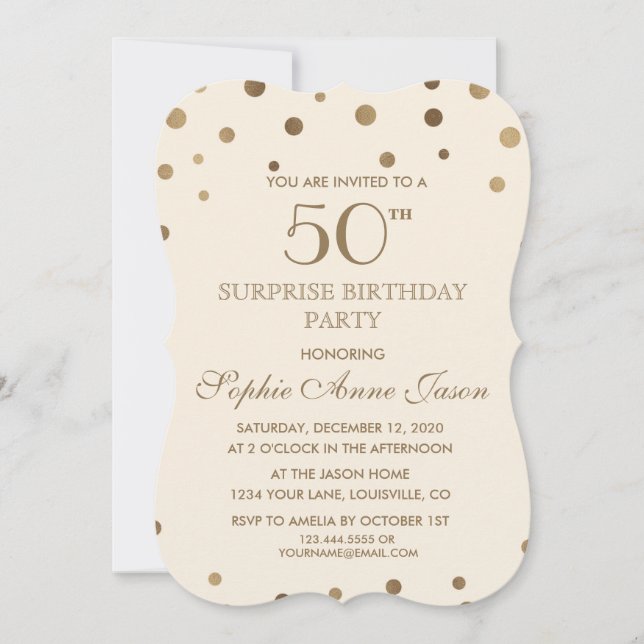 Invitación Confetti de oro Champagne 50 cumpleaños de Surpriz (Anverso)