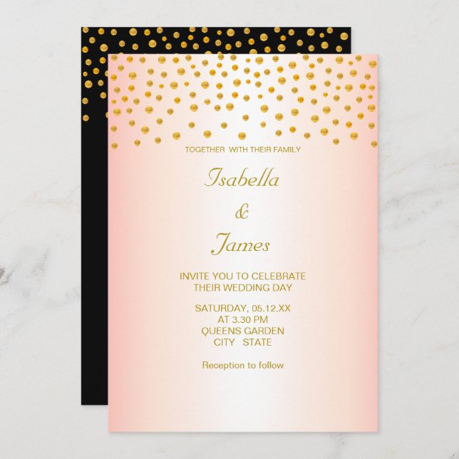 Invitación Confetti de oro de moda sobre oro negro y Rosa (Anverso / Reverso)