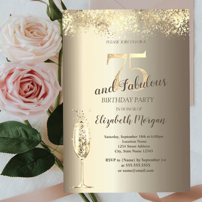 Invitación Confetti de oro de vidrio de Champagne de lujo 75º (Subido por el creador)