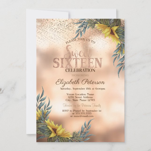 Invitación Confetti de oro elegante, dulce de girasoles 16 (Anverso)
