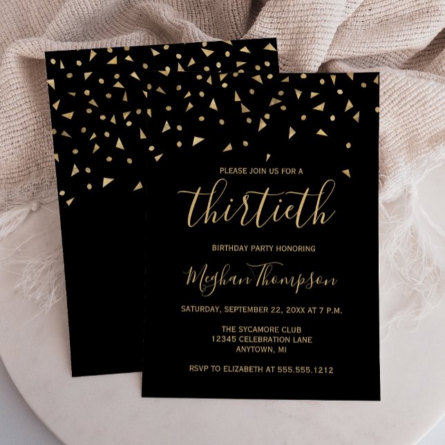 Invitación Confetti de oro en Fiesta de cumpleaños 30 negro (Subido por el creador)