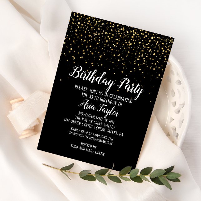 Invitación Confetti de oro en la fiesta de cumpleaños negro (Subido por el creador)