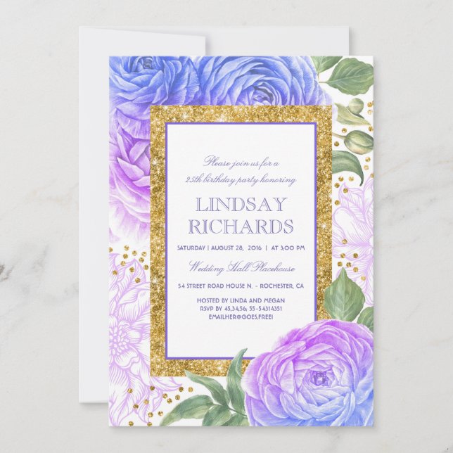 Invitación Confetti de oro floral azul y púrpura (Anverso)