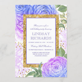 Invitación Confetti de oro floral azul y púrpura