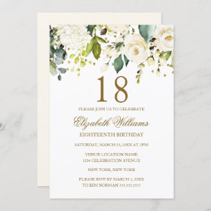 Invitación Confetti de oro floral blanco 18 cumpleaños
