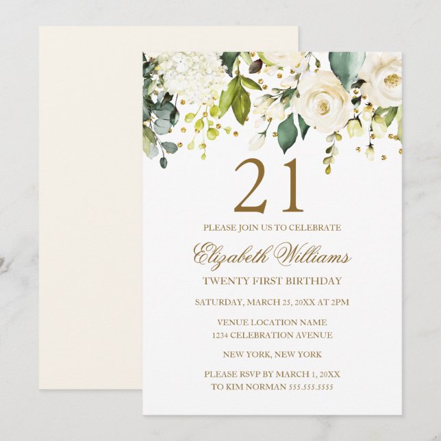 Invitación Confetti de oro floral blanco 21º cumpleaños (Anverso / Reverso)