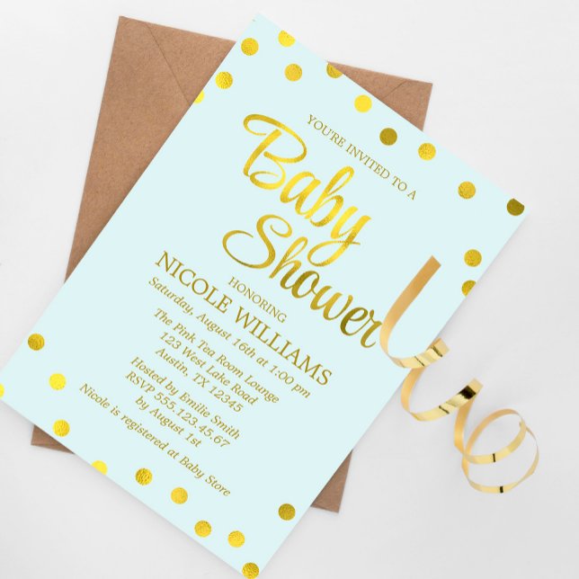 Invitación Confetti de oro Mint Green y Faux Gold Dots Baby S (Subido por el creador)