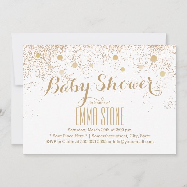 Invitación Confetti de oro moderno con puntos de Baby Shower (Anverso)