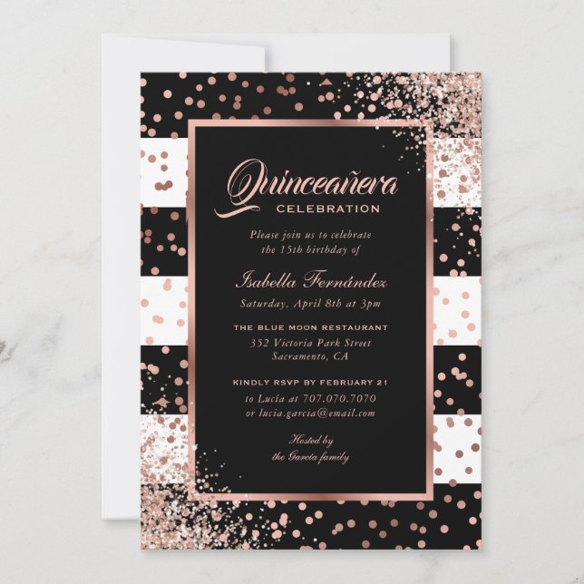 Invitación Confetti de oro moderno de Rosa negro Quinceañera (Anverso)