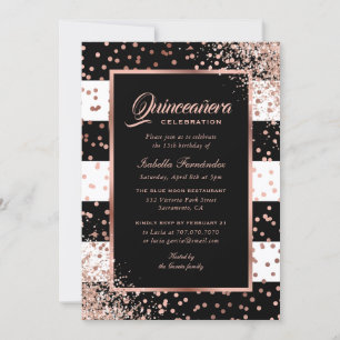 Invitación Confetti de oro moderno de Rosa negro Quinceañera