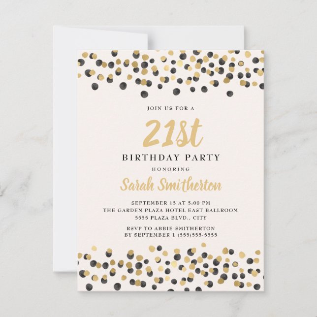 Invitación Confetti de oro negro blanco Purpurina 21º cumplea (Anverso)