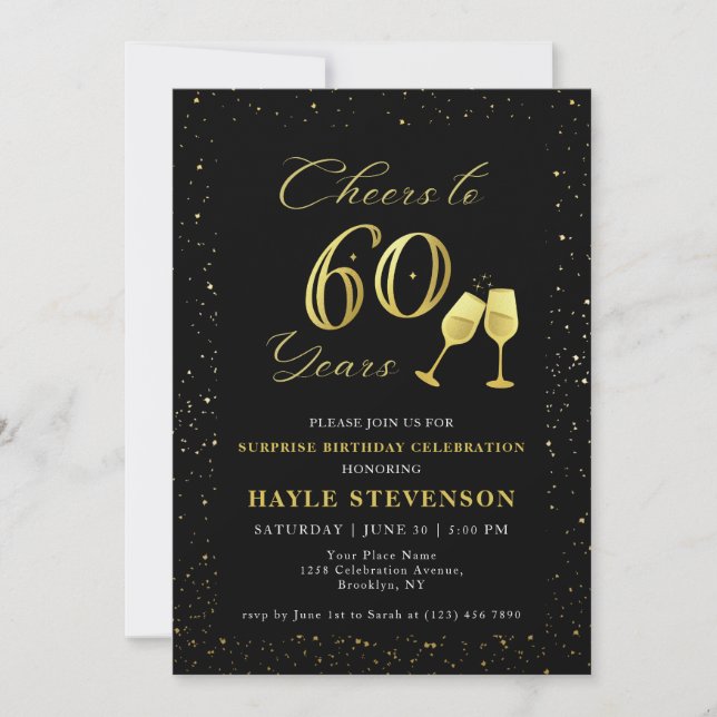 Invitación Confetti de oro negro de lujo viaja a los 60 años (Anverso)