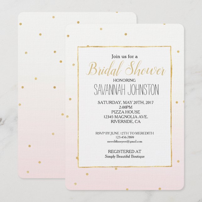 Invitación Confetti de oro rosa Rubor Sparkle Ombre (Anverso / Reverso)