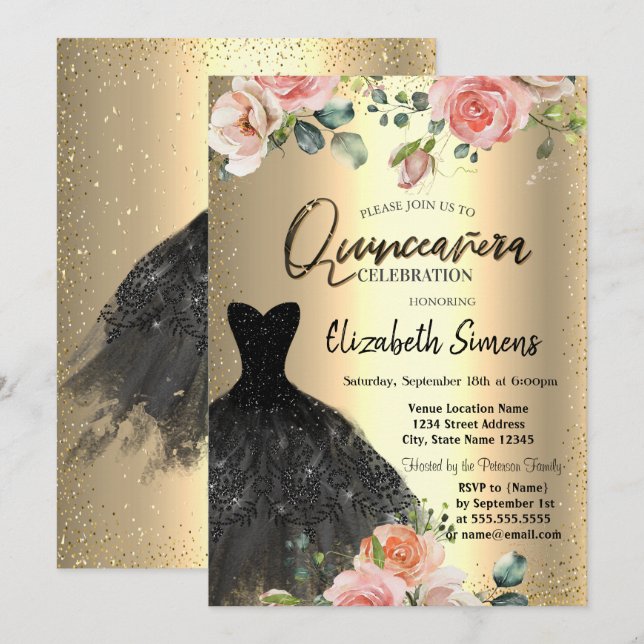 Invitación Confetti de oro, Rosas vestidos de negro Quinceañe (Anverso / Reverso)