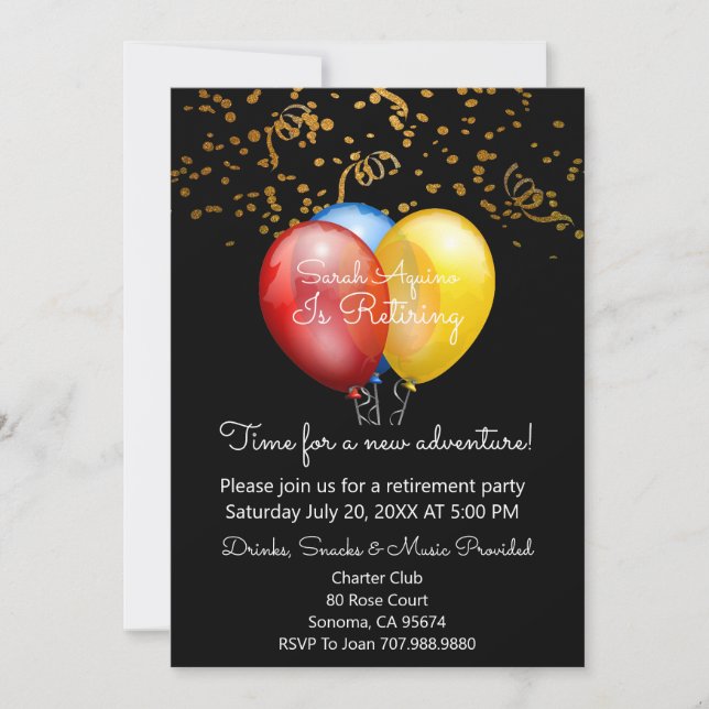 Invitación Confetti de oro sobre Fiesta de Jubilación de Glob (Anverso)