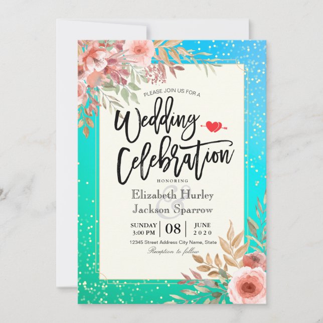 Invitación Confetti de oro Verde azulado con flores rosadas d (Anverso)