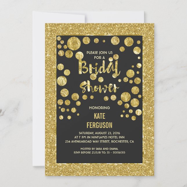Invitación Confetti de oro y ducha de novia de Moda Purpurina (Anverso)