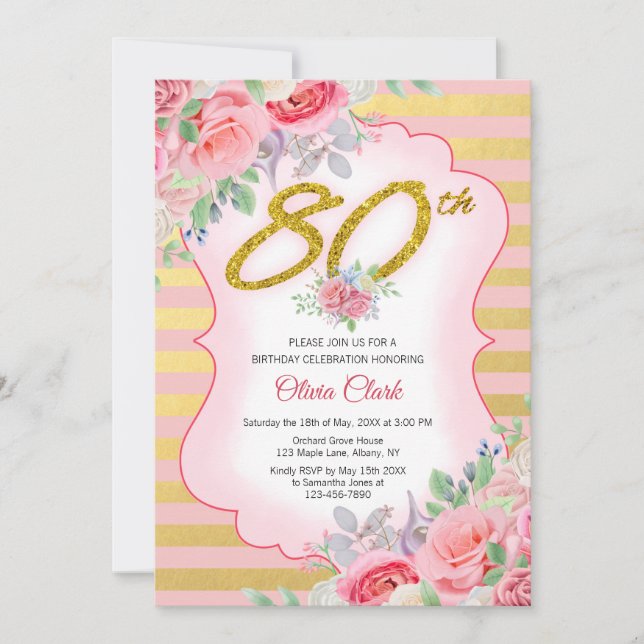 Invitación Confetti de oro y floral rosa 80 cumpleaños (Anverso)