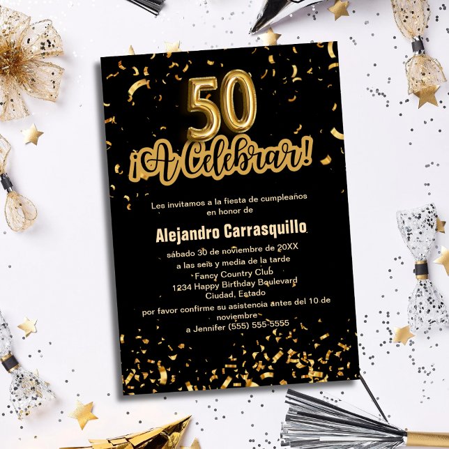 Invitación Confetti de oro y negro español 50 cumpleaños (Subido por el creador)