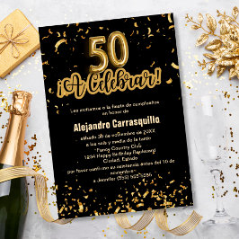 Invitación Confetti de oro y negro español con presupuesto 50
