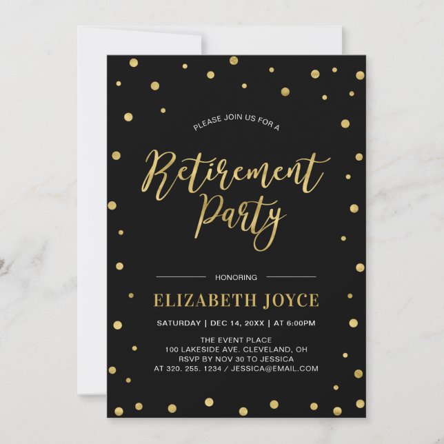 Invitación Confetti de oro y negro | Fiesta de Jubilación Mod (Anverso)