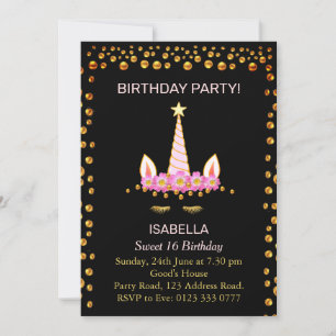 Invitación Confetti de oro y unicornio de dulce 16 cumpleaños