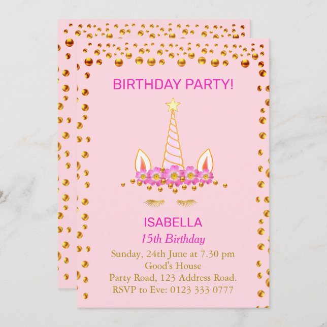 Invitación Confetti de oro y unicornio en cumpleaños 15 rosad (Anverso / Reverso)