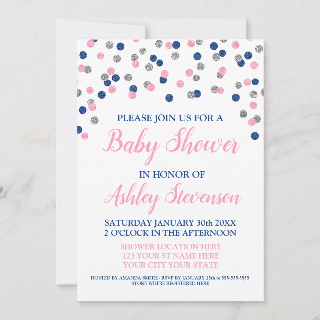 Invitación Confetti de plata azul rosa género ducha neutra (Reverso)