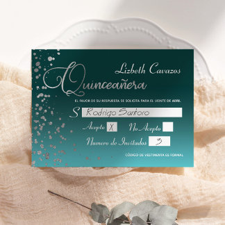 Invitación Confetti de plata azul turquesa Quinceanera RSVP