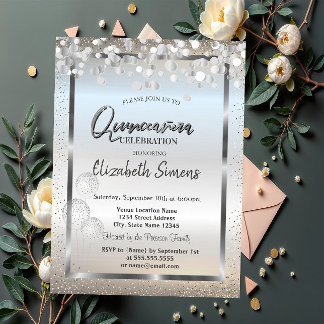 Invitación Confetti de plata puntos globos marco Quinceañera (Subido por el creador)