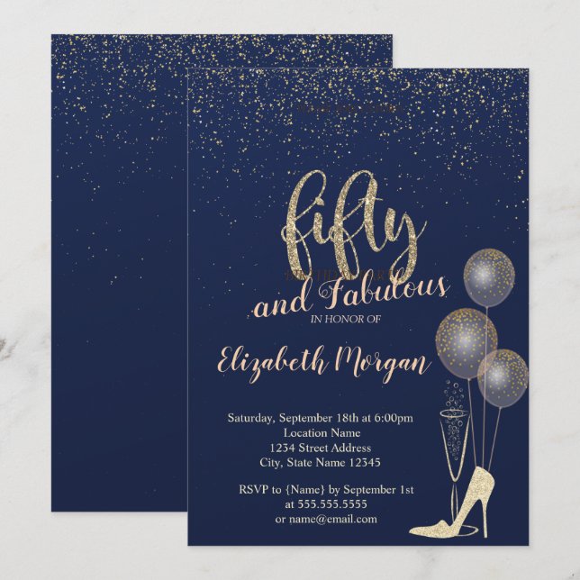 Invitación Confetti de tacones altos, fiesta de cumpleaños nú (Anverso / Reverso)