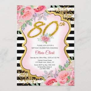 Invitación Confetti dorado con floral rosa 90 cumpleaños