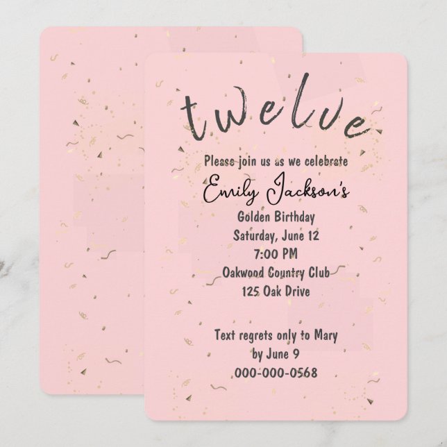 Invitación Confetti Dorado en Rubor Pink (Anverso / Reverso)
