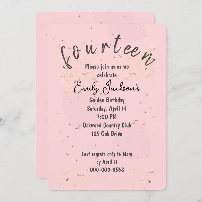 Invitación Confetti Dorado en Rubor Pink (Anverso / Reverso)