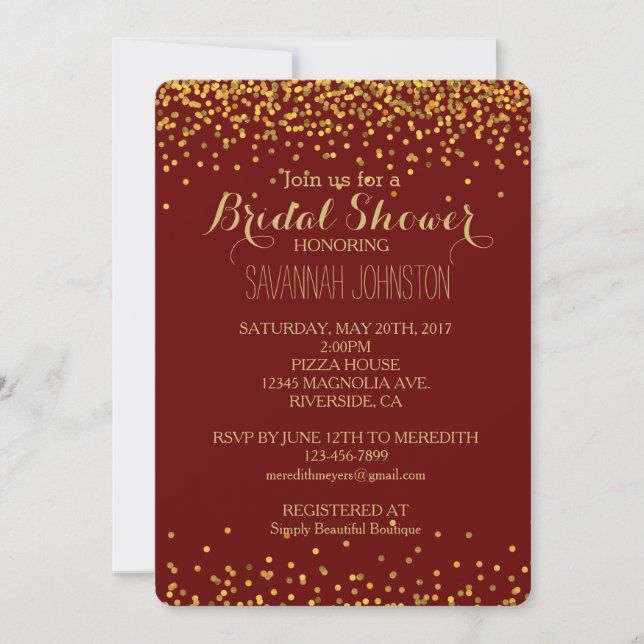 Invitación Confetti dorado y rojo de Glam Dots de novia ducha (Anverso)