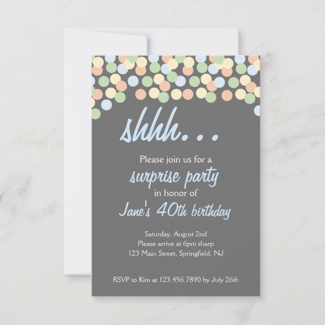 Invitación Confetti Dot Shhh... ¡Fiesta sorpresa! (Anverso)