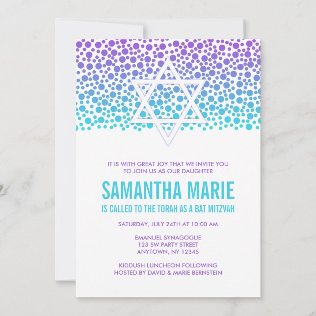 Invitación Confetti Dots Purple Verde azulada Bat Mitzvah (Anverso)