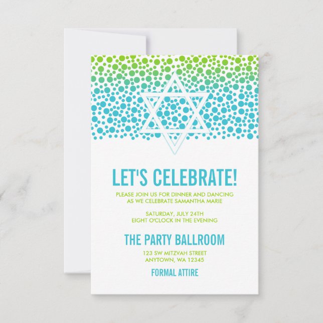 Invitación Confetti Dots Verde azulados Green Bat Mitzvah Rec (Anverso)
