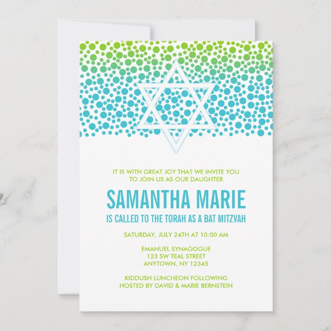 Invitación Confetti Dots Verde azulados Lime Green Bat Mitzva (Anverso)