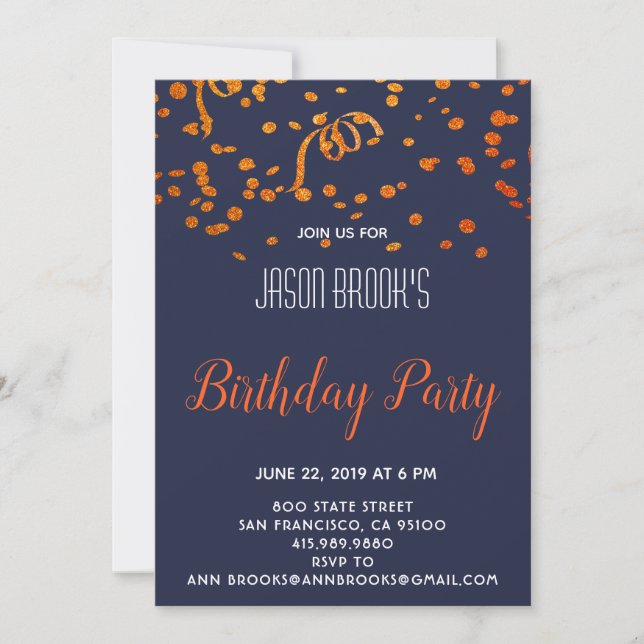 Invitación Confetti En La Fiesta Del Cumpleaños Azul Negro (Anverso)