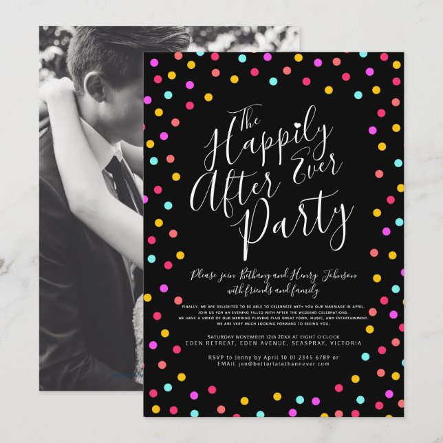 Invitación Confetti en negro felizmente después de la fiesta  (Anverso / Reverso)
