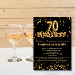 Invitación Confetti español Glam Black & Gold 70th Birthday<br><div class="desc">Celebra un hito notable con esta Invitación de cumpleaños 70 de Glam Black y Gold Confetti, perfecta para una elegante fiesta de cumpleaños número 70 para él o ella. Esta impresionante invitación muestra el número "70" en globos dorados y la frase "¡A Celebrar!" en sofisticada caligrafía en negro y oro,...</div>