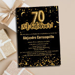 Invitación Confetti español Glam Black & Gold 70th Birthday<br><div class="desc">Celebra un hito notable con esta Invitación de cumpleaños 70 de Glam Black y Gold Confetti, perfecta para una elegante fiesta de cumpleaños número 70 para él o ella. Esta impresionante invitación muestra el número "70" en globos dorados y la frase "¡A Celebrar!" en sofisticada caligrafía en negro y oro,...</div>