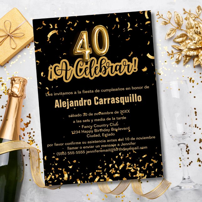 Invitación Confetti español Glam Black y Gold Confetti 40 cum (Subido por el creador)
