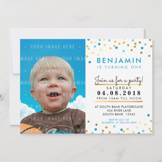Invitación CONFETTI fiesta de cumpleaños INVITE manchas de or (Anverso)