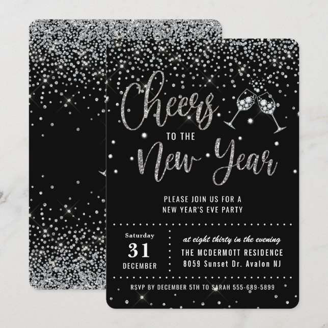 Invitación Confetti, Fiesta de Nochevieja Purpurina de Plata  (Anverso / Reverso)