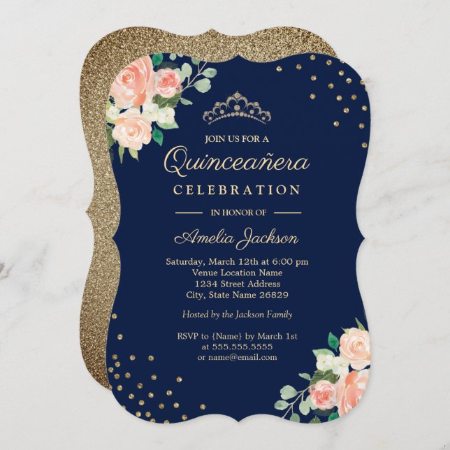 Invitación Confetti floral de oro de yegua marina Quinceanera (Anverso / Reverso)
