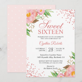 Invitación Confetti floral rosa de Rubor dulce 16 cumpleaños