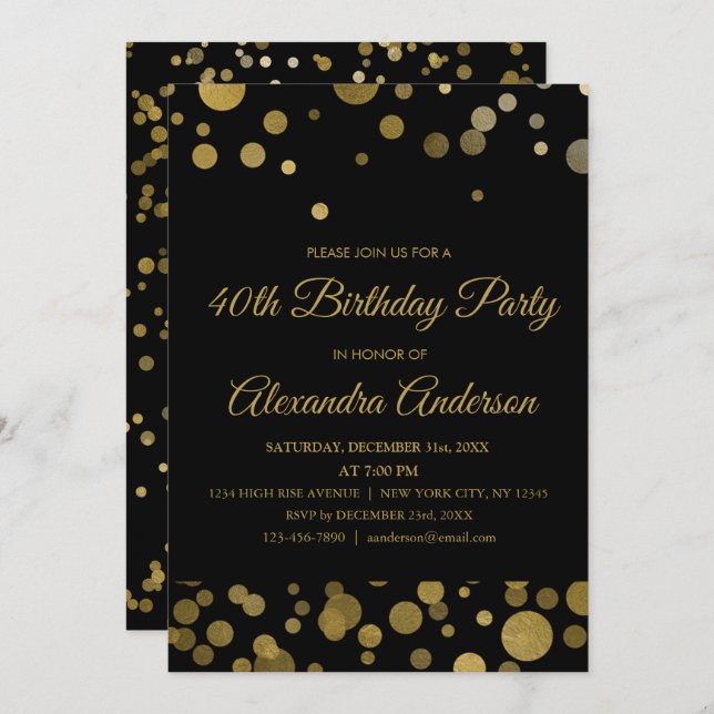 Invitación Confetti Gold 40 cumpleaños Fiesta (Anverso / Reverso)