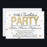 Invitación Confetti Gold 70th Birthday Party<br><div class="desc">Hermosas invitaciones impresas de personalizados de la fiesta de cumpleaños número 70. Confeti purpurina de oro, elegante y feminista invitación para ella en su fabuloso cumpleaños 70. Purpurinoso patrón blanco brillante y dorado imprimir fondo de punto de polka. Elegante y elegante para disfrutar de una elegante atmósfera formal o de...</div>